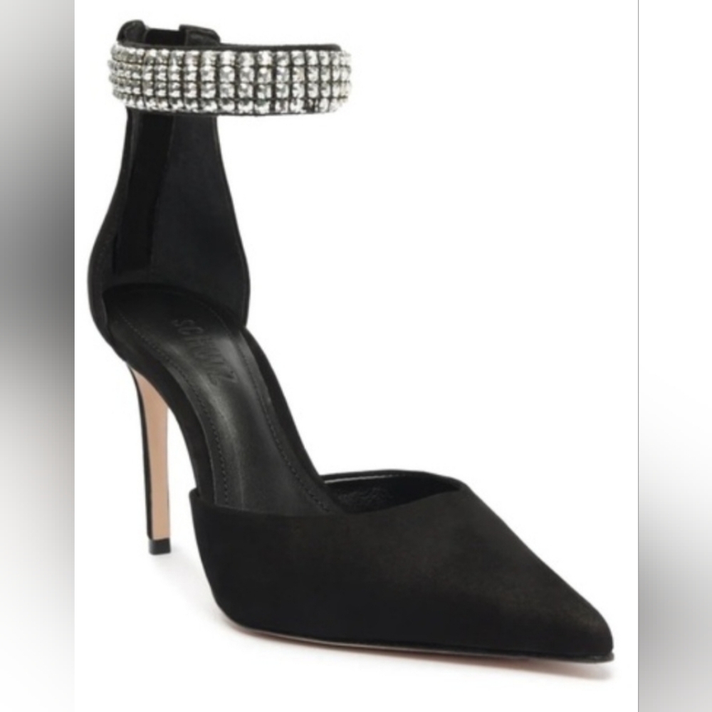 INC International Concepts Black Pointed-Toe Ankle-Strap Pump with Crystal Cuff